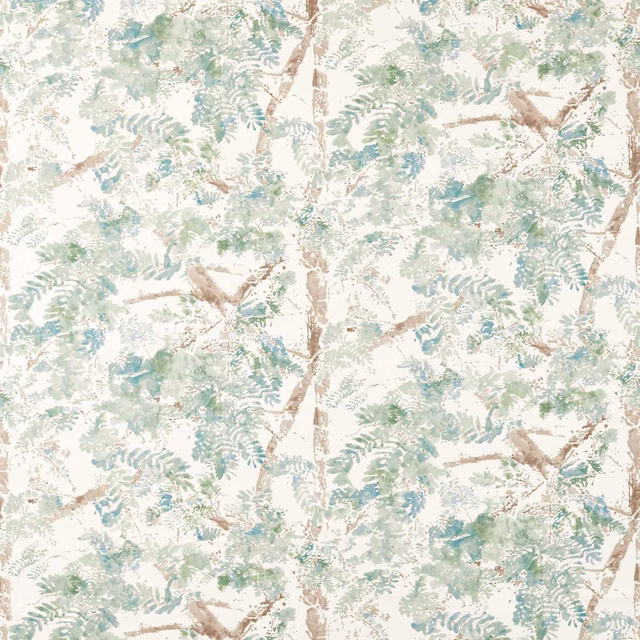 Pale sage botanical fabric with blue-green ferns and taupe branches on cream
