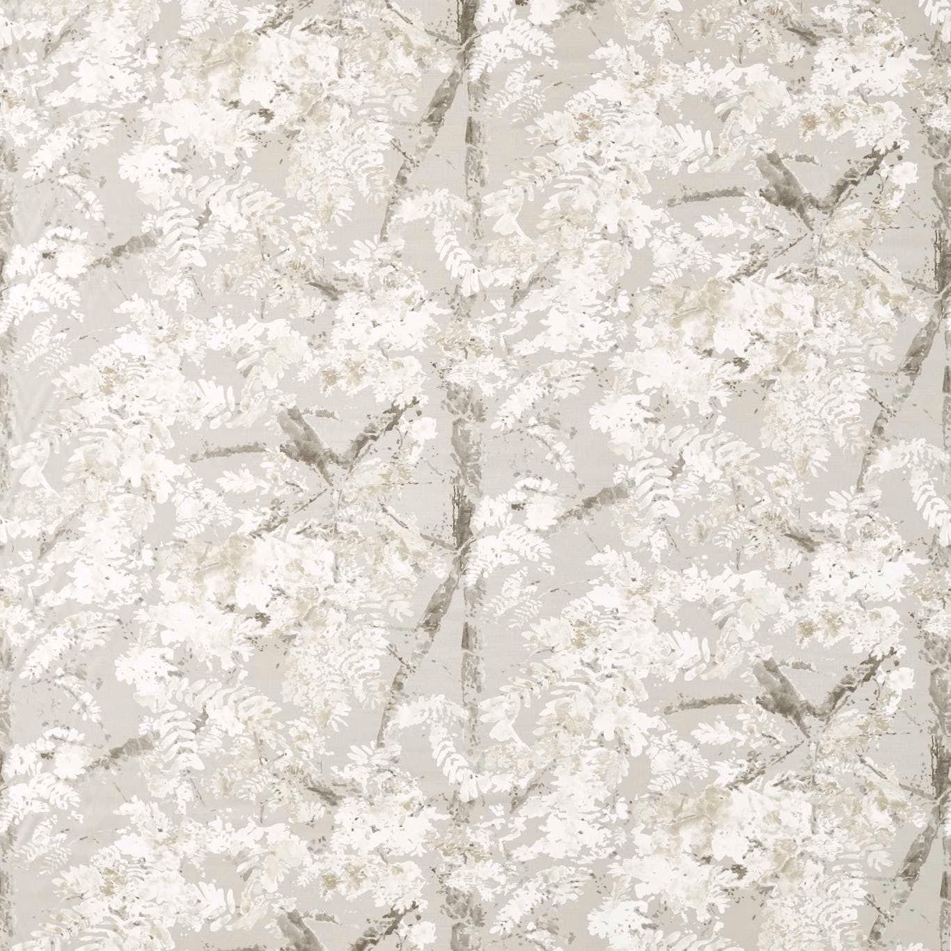 Pale taupe textile with ivory leafy branches and softly grey botanical stems