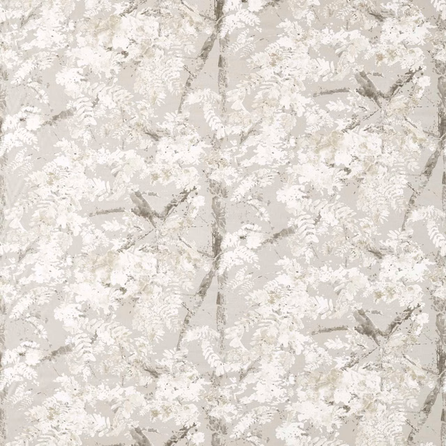 Pale taupe textile with ivory leafy branches and softly grey botanical stems