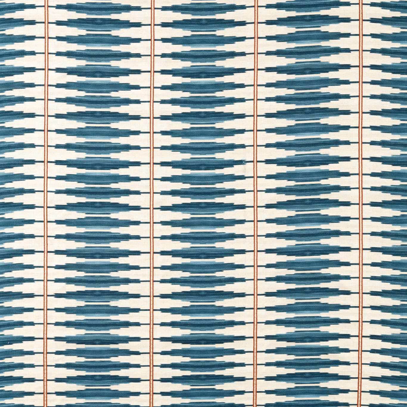 Denim-blue broken stripe weave with rust lines on an ivory ground