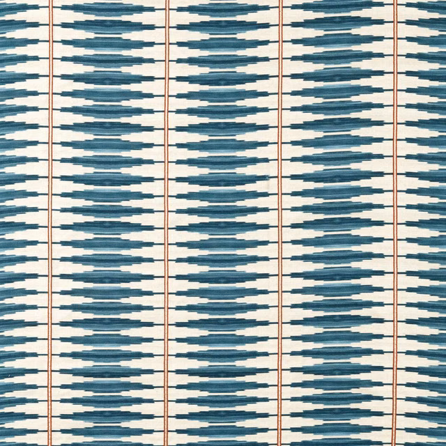 Denim-blue broken stripe weave with rust lines on an ivory ground