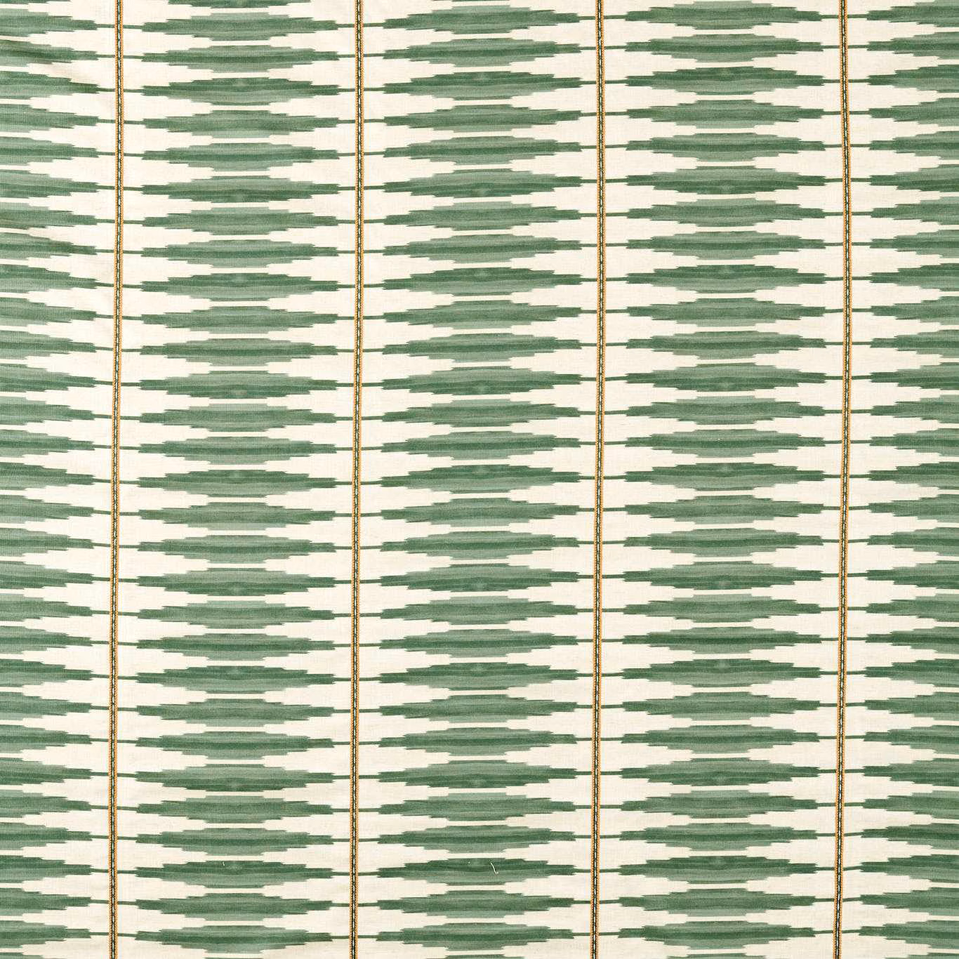 Cream woven fabric with muted evergreen brushstroke bands and fine spice vertical lines