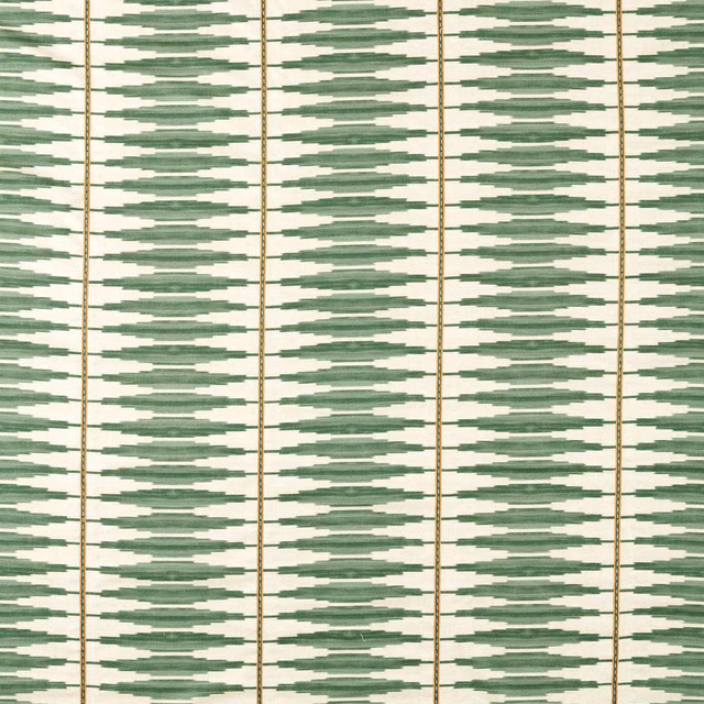 Cream woven fabric with muted evergreen brushstroke bands and fine spice vertical lines