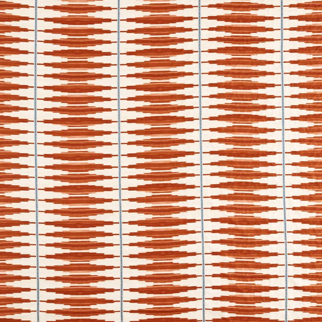 Rust spice brushstroke bands and fine pale blue lines on an ivory woven ground