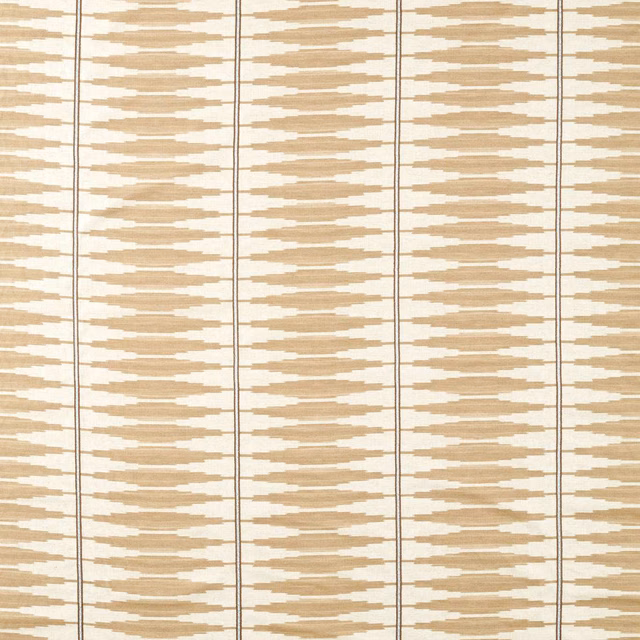 Soft taupe and ivory ikat bands in a vertically columned woven textile