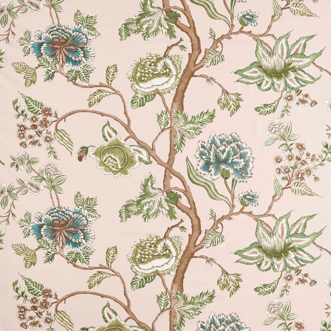 Blush fabric with teal flowers, olive leaves and brown branching botanical stems