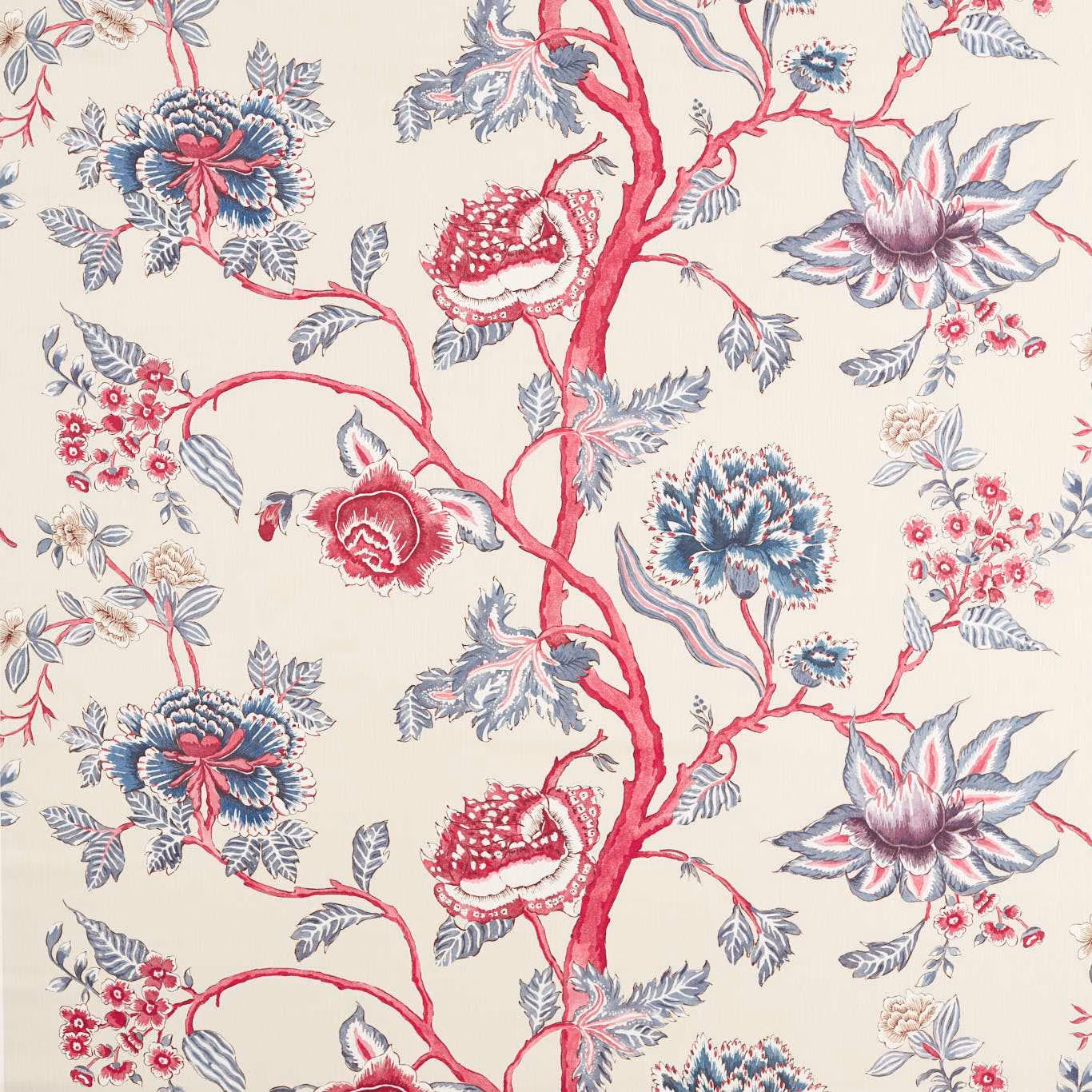Cream botanical fabric with indigo leaves, maroon flowers and winding red branches