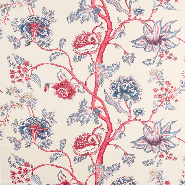 Cream botanical fabric with indigo leaves, maroon flowers and winding red branches