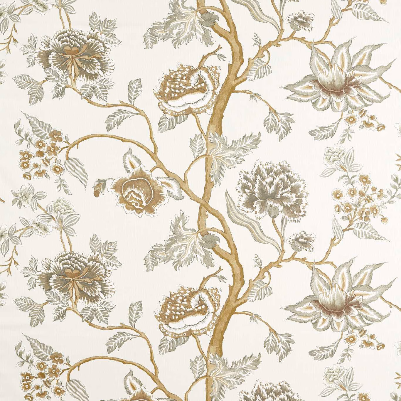 Cream botanical fabric with taupe flowers, ochre branches and detailed foliage