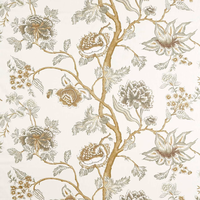 Cream botanical fabric with taupe flowers, ochre branches and detailed foliage