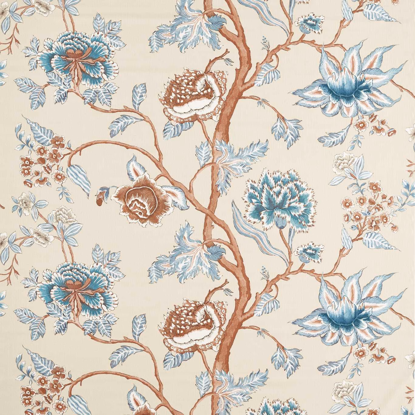 Cream floral fabric with blue blooms, terracotta branches and pale blue leaves