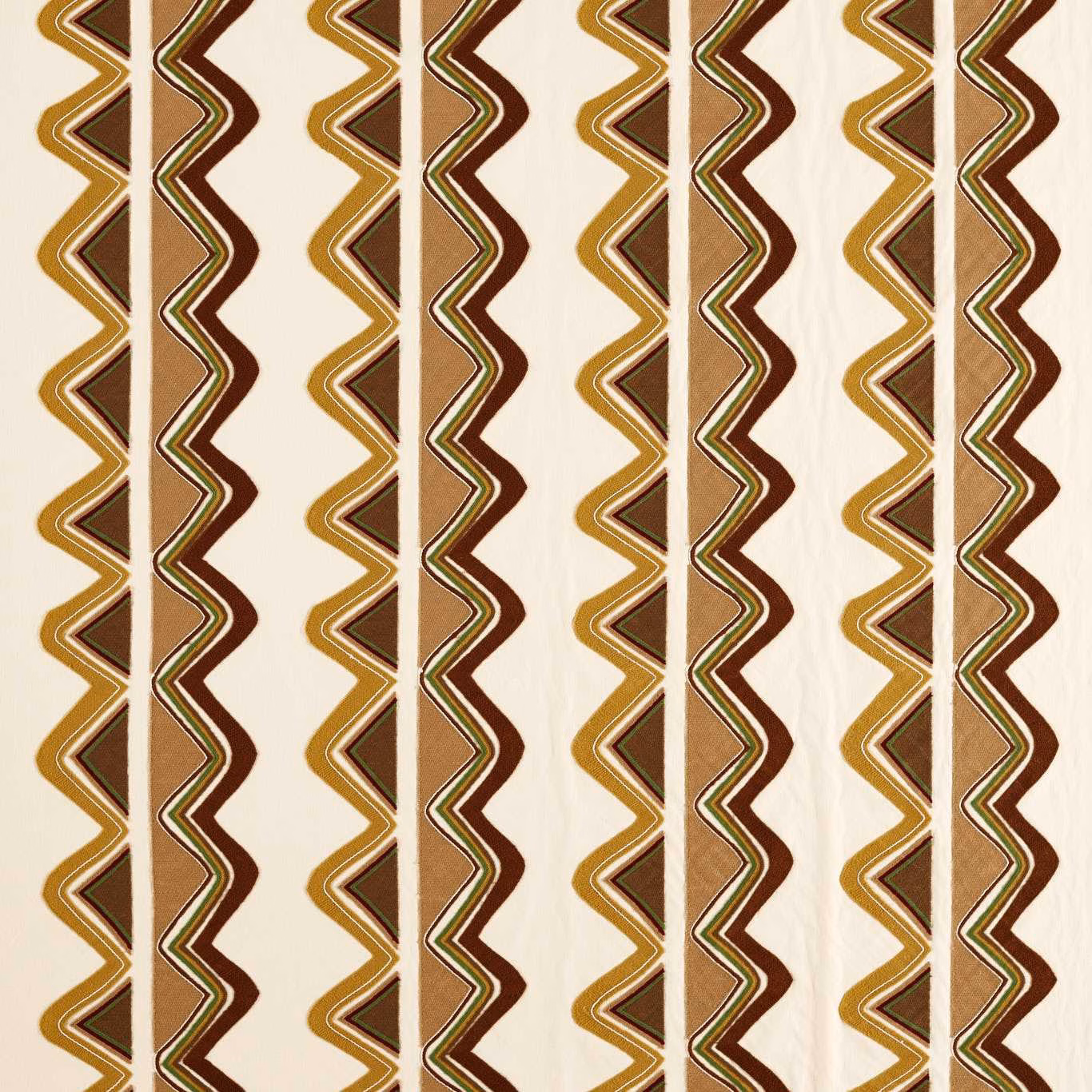 Cream textile with repeating clay, nectar and olive zigzag stripes in woven texture