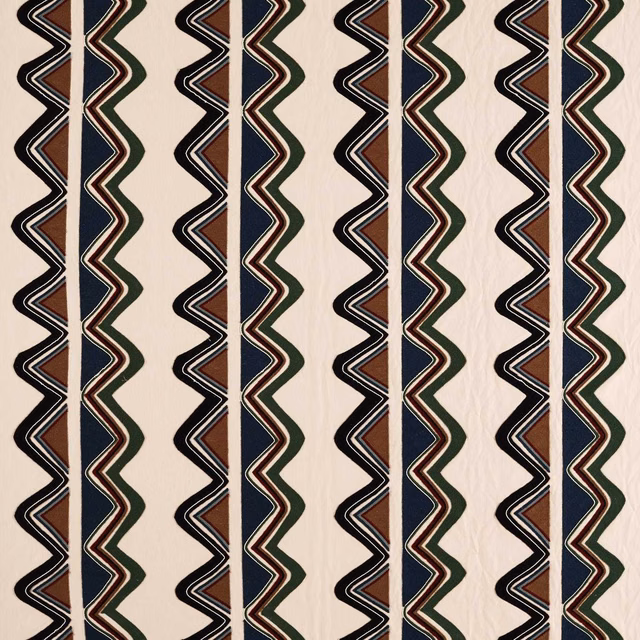 Moss green and onyx zigzag stripes on an ivory woven fabric ground