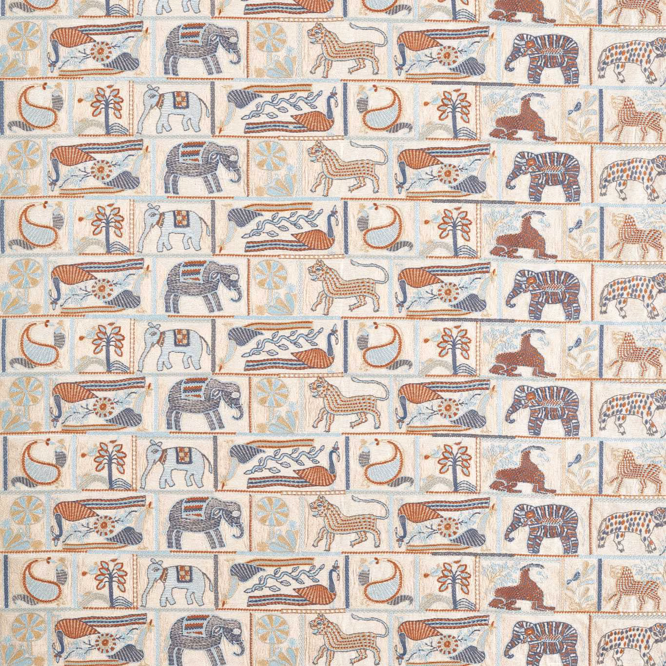 Ivory woven fabric with blue and paprika animals in framed kantha-style panels