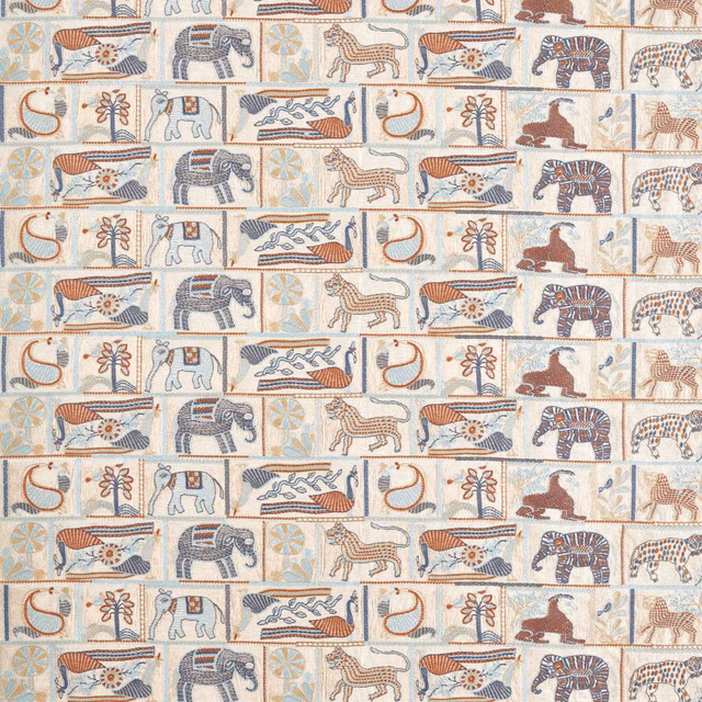 Ivory woven fabric with blue and paprika animals in framed kantha-style panels