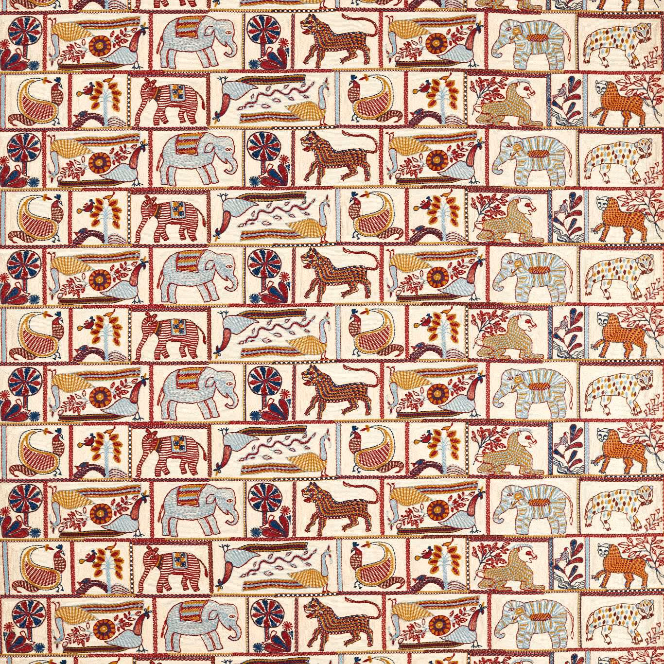 Cream kantha textile with repeated indigo and maroon animal panels