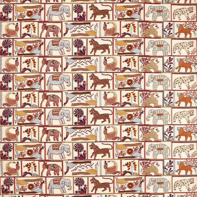 Cream kantha textile with repeated indigo and maroon animal panels