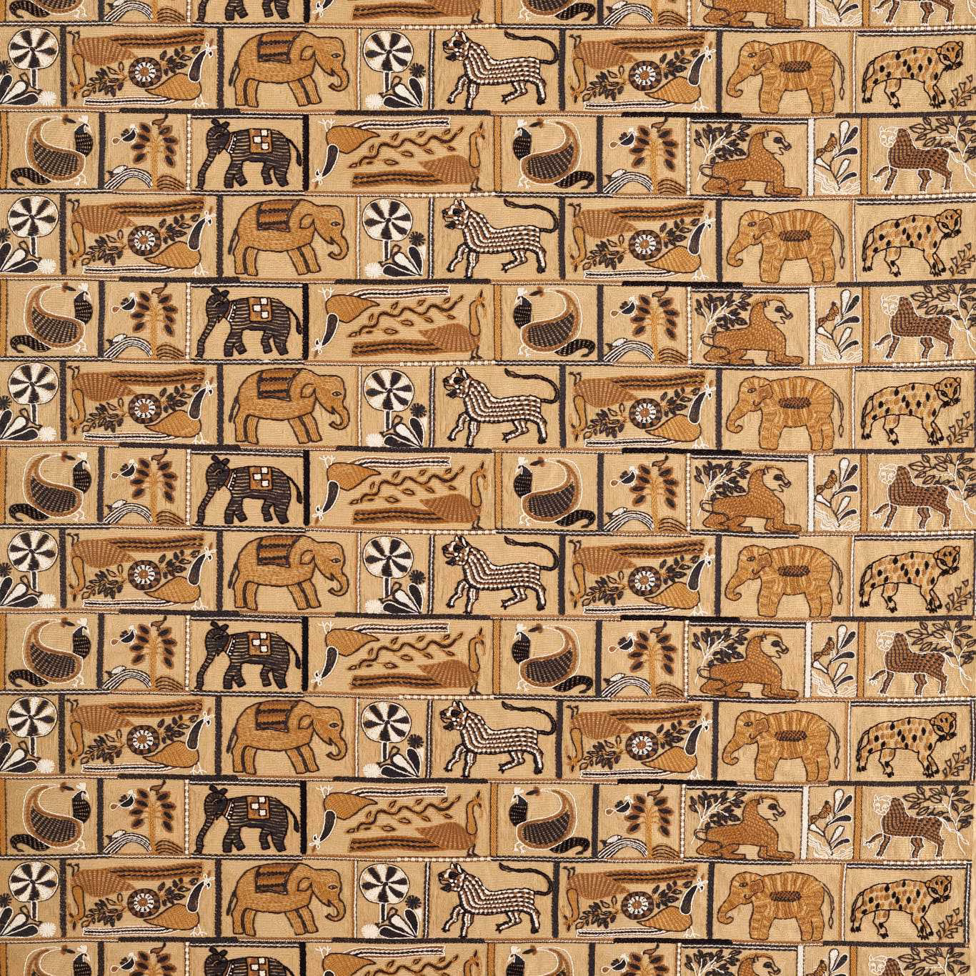 Ochre and charcoal woven fabric with repeating animal illustration panels