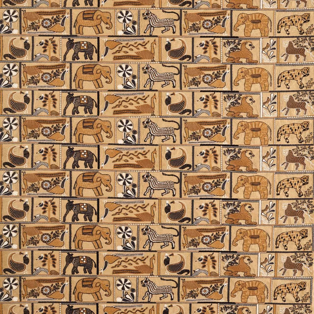 Ochre and charcoal woven fabric with repeating animal illustration panels