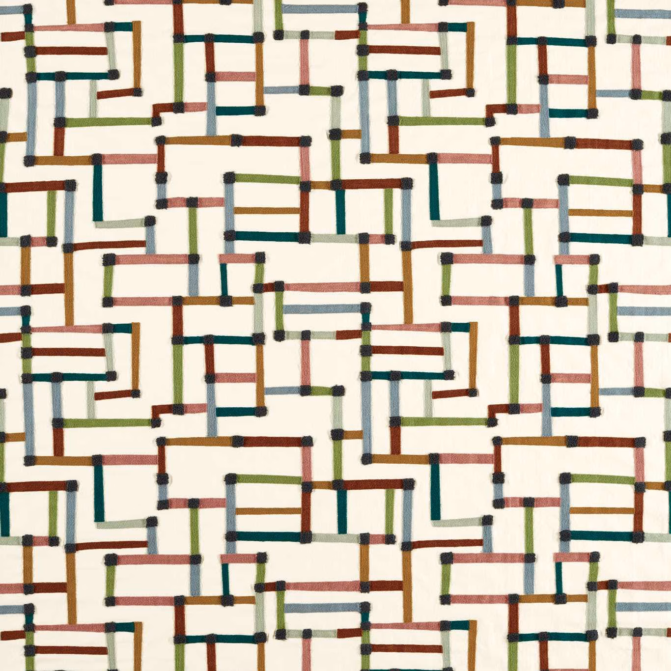Ivory geometric textile with forest green, teal, blush and rust rectangular lines