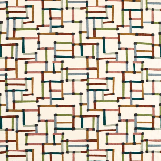 Ivory geometric textile with forest green, teal, blush and rust rectangular lines