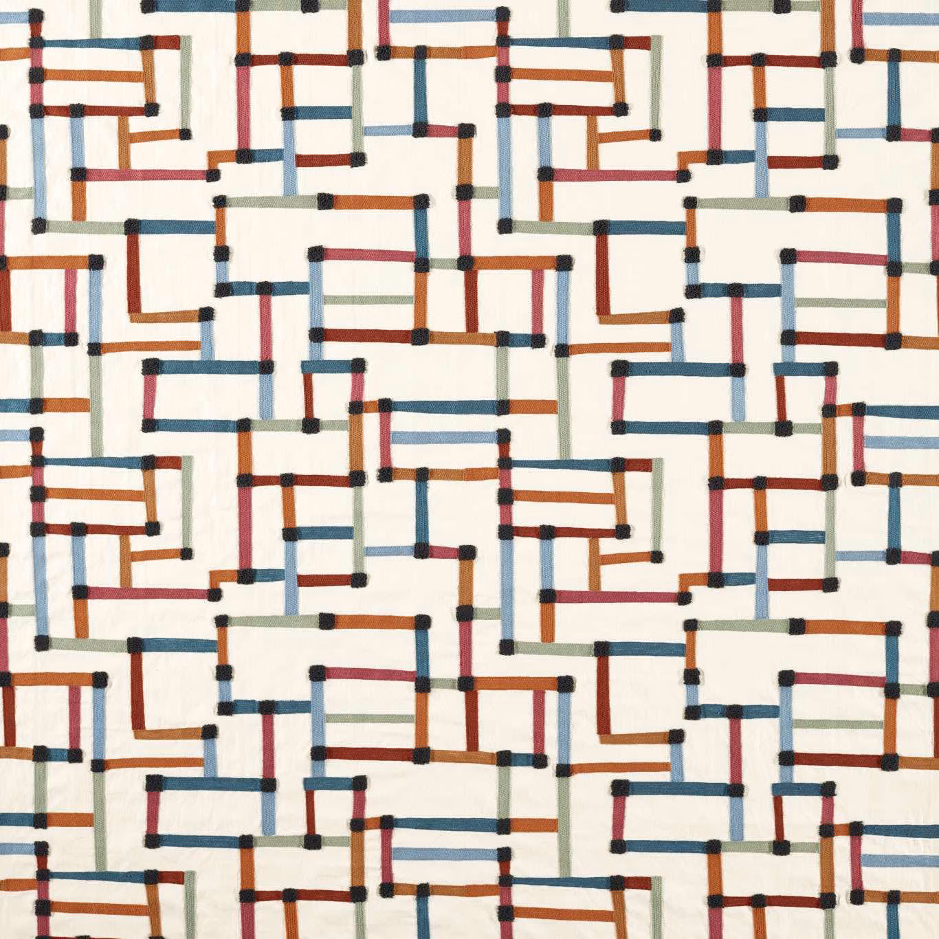 Cream woven fabric with terracotta, spice and midnight geometric maze lines