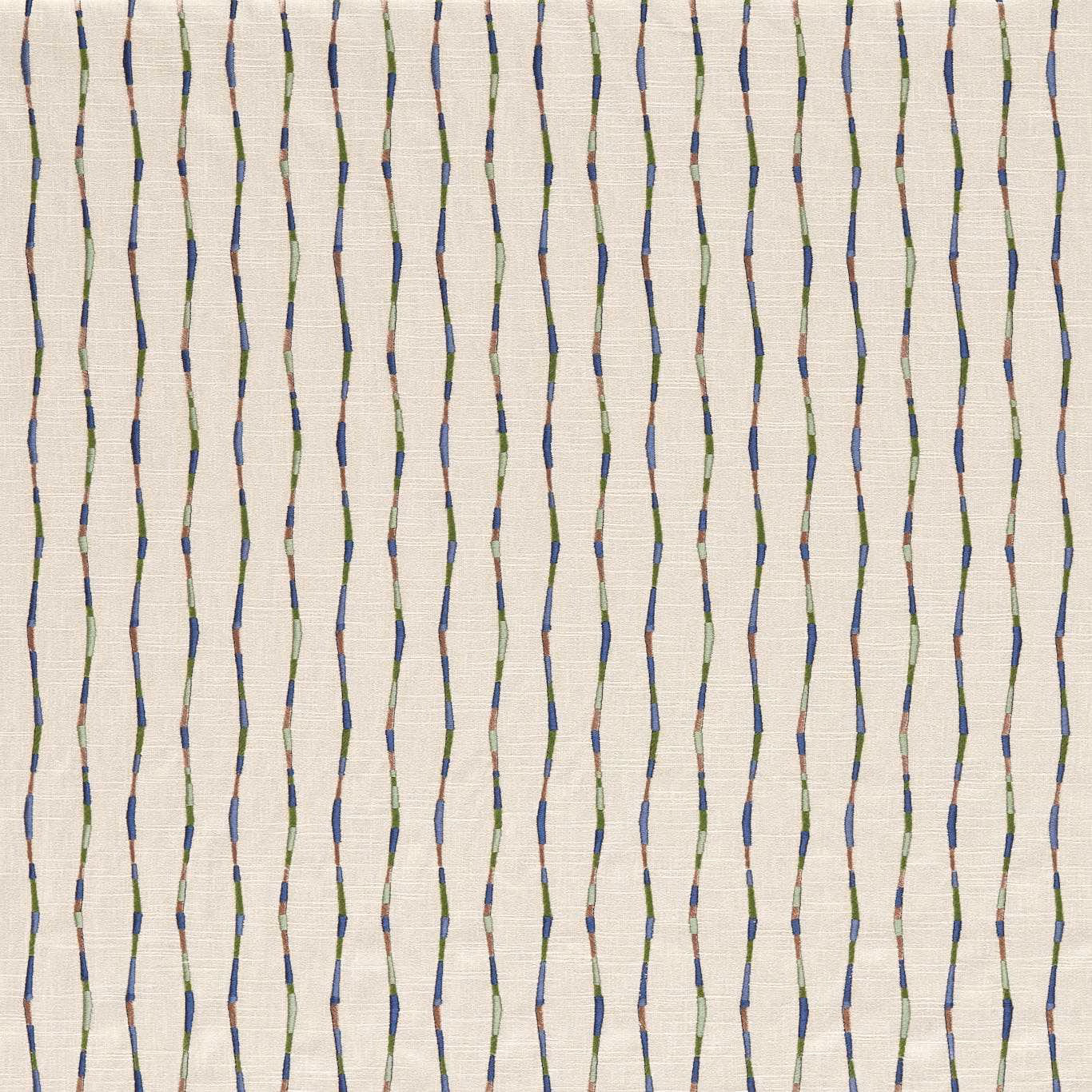 Cream woven fabric with wavering indigo and malachite vertical lines