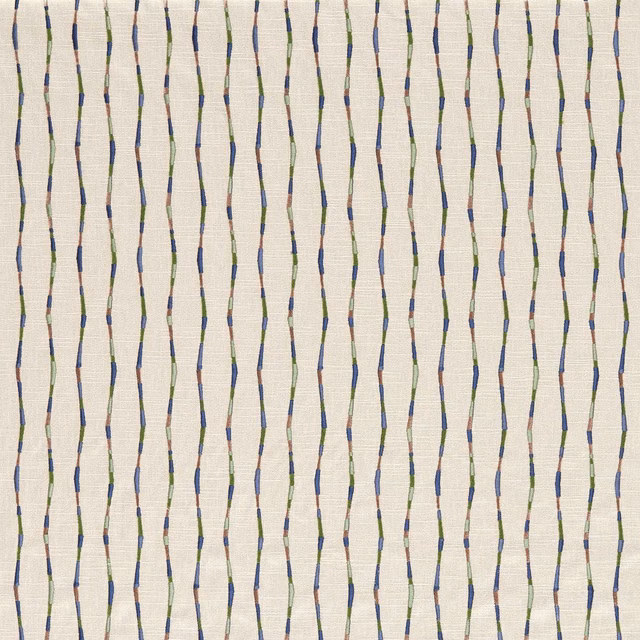 Cream woven fabric with wavering indigo and malachite vertical lines