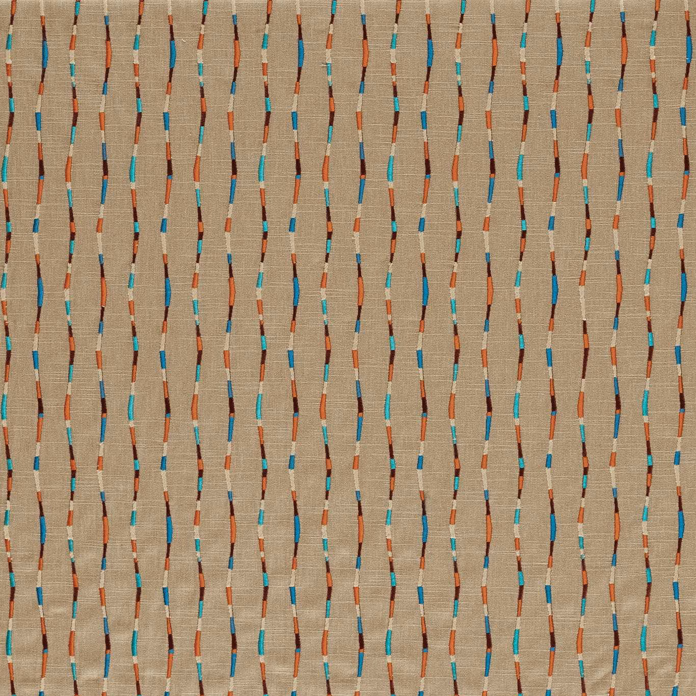 Tan woven fabric with irregular vertical terracotta, cerulean and dark brown bars