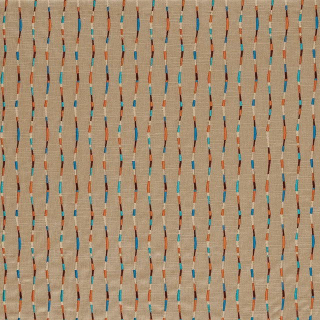 Tan woven fabric with irregular vertical terracotta, cerulean and dark brown bars