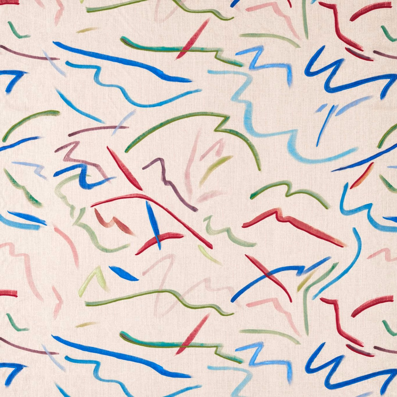 Cream upholstery fabric with colourful abstract blue, green and spice-red brushstrokes