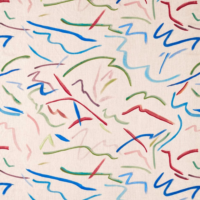 Cream upholstery fabric with colourful abstract blue, green and spice-red brushstrokes