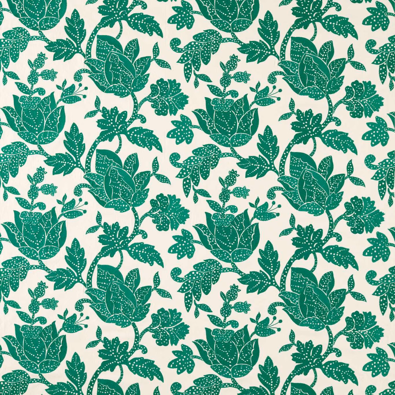 Emerald-green botanical flowers and leaves on a cream ground with intricate dotted detailing