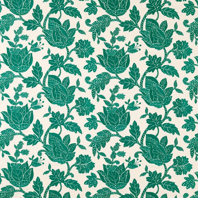 Emerald-green botanical flowers and leaves on a cream ground with intricate dotted detailing