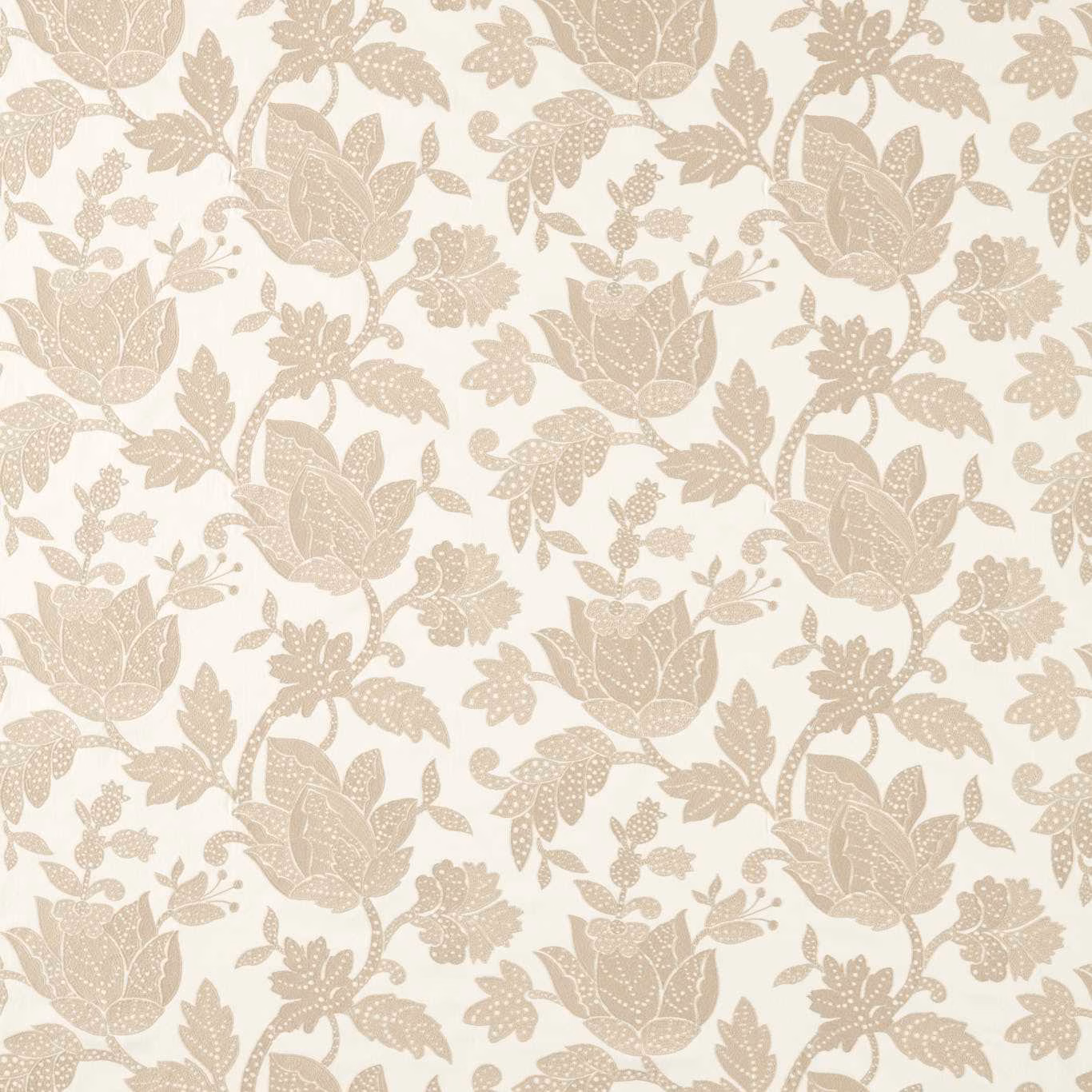 Warm cream floral fabric with taupe tulips, dotted leaves and fine vein detailing