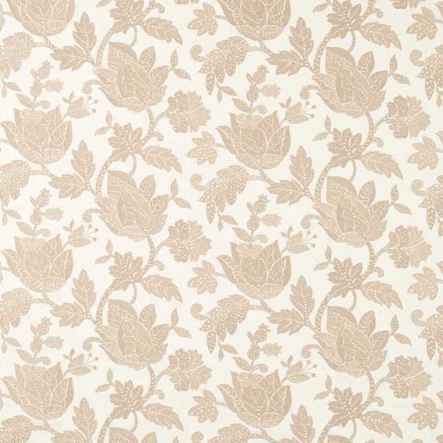 Warm cream floral fabric with taupe tulips, dotted leaves and fine vein detailing