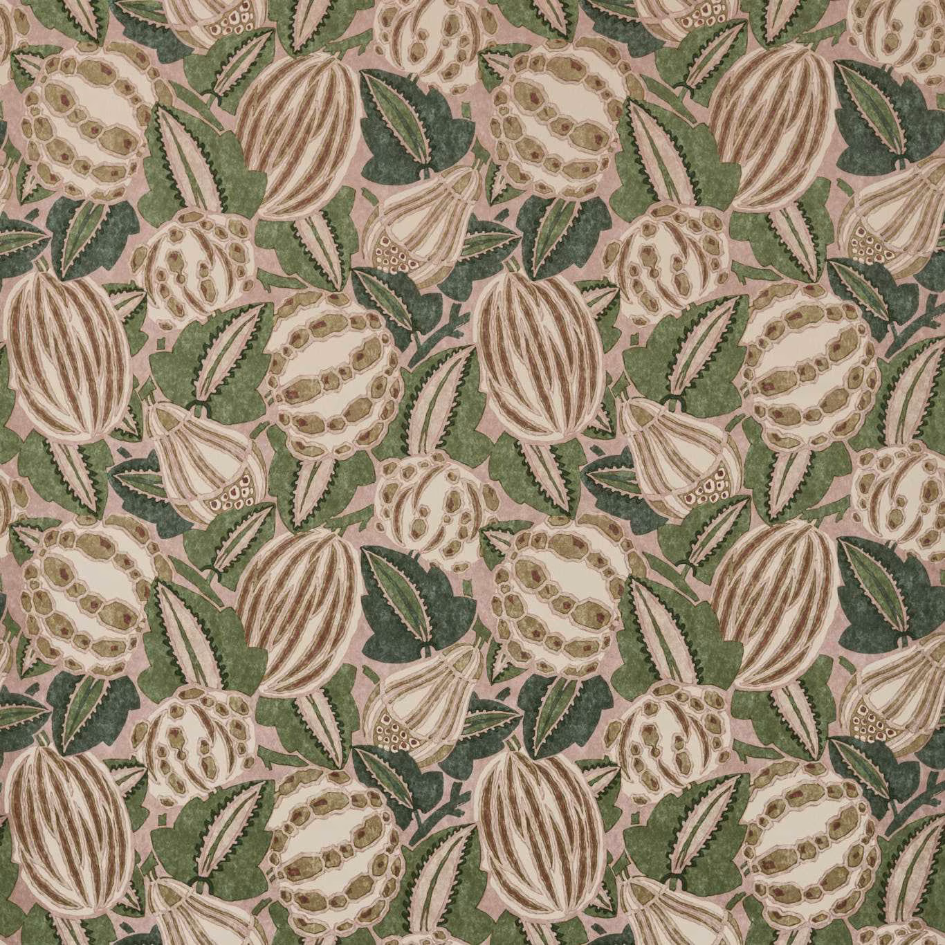 Blush botanical fabric with forest leaves, ivory seed pods and striped motifs