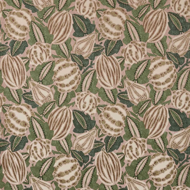 Blush botanical fabric with forest leaves, ivory seed pods and striped motifs