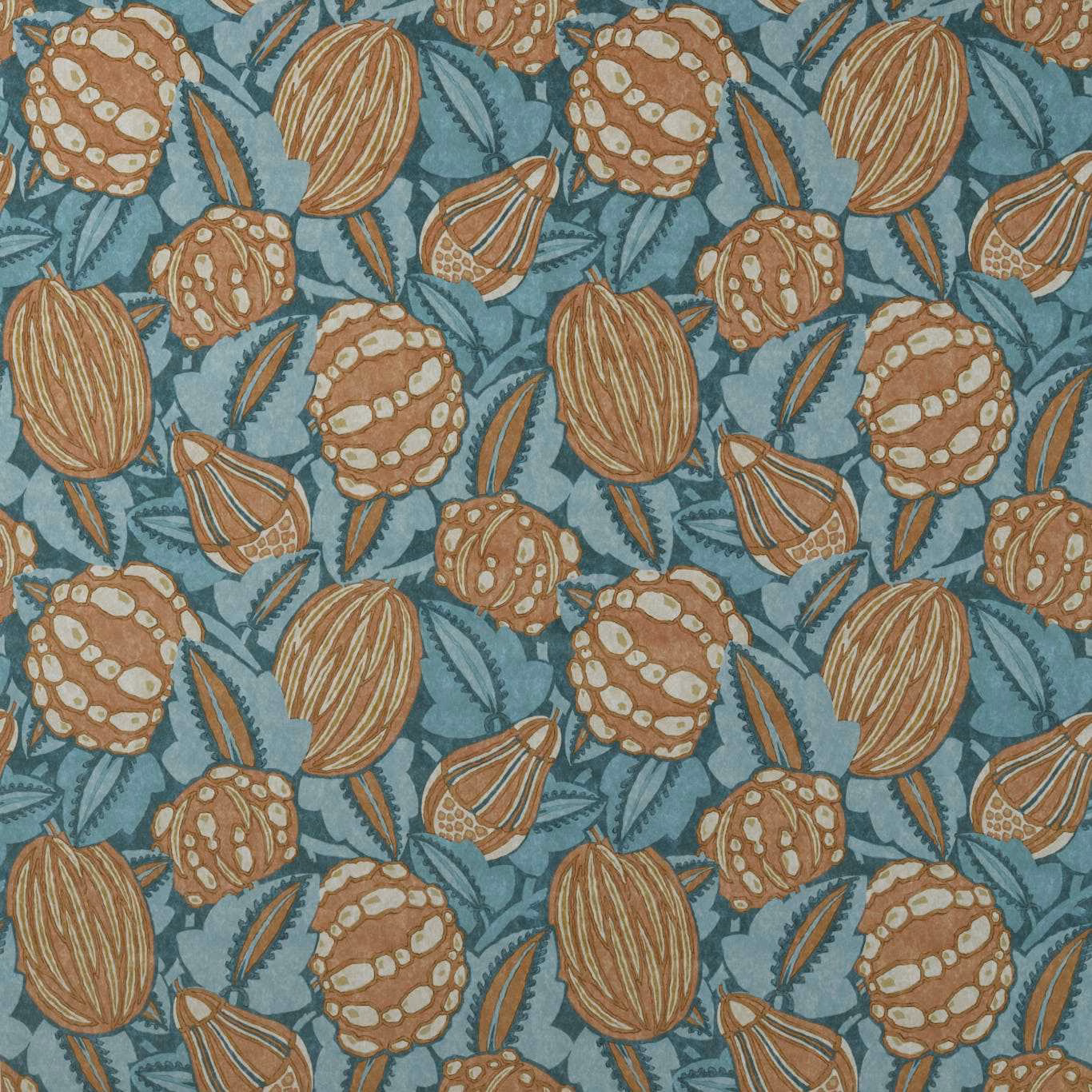 Terracotta botanical seed pods and ochre leaves on a muted blue textile ground