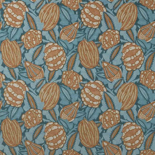 Terracotta botanical seed pods and ochre leaves on a muted blue textile ground
