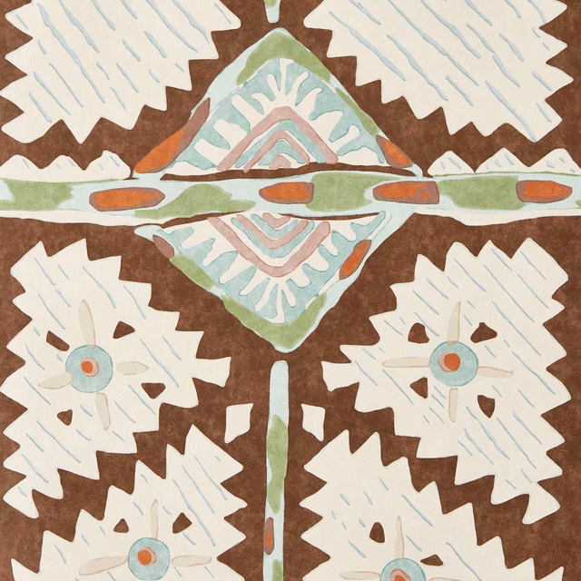 Cream jagged botanicals with sage, aqua and terracotta details on a brown ground