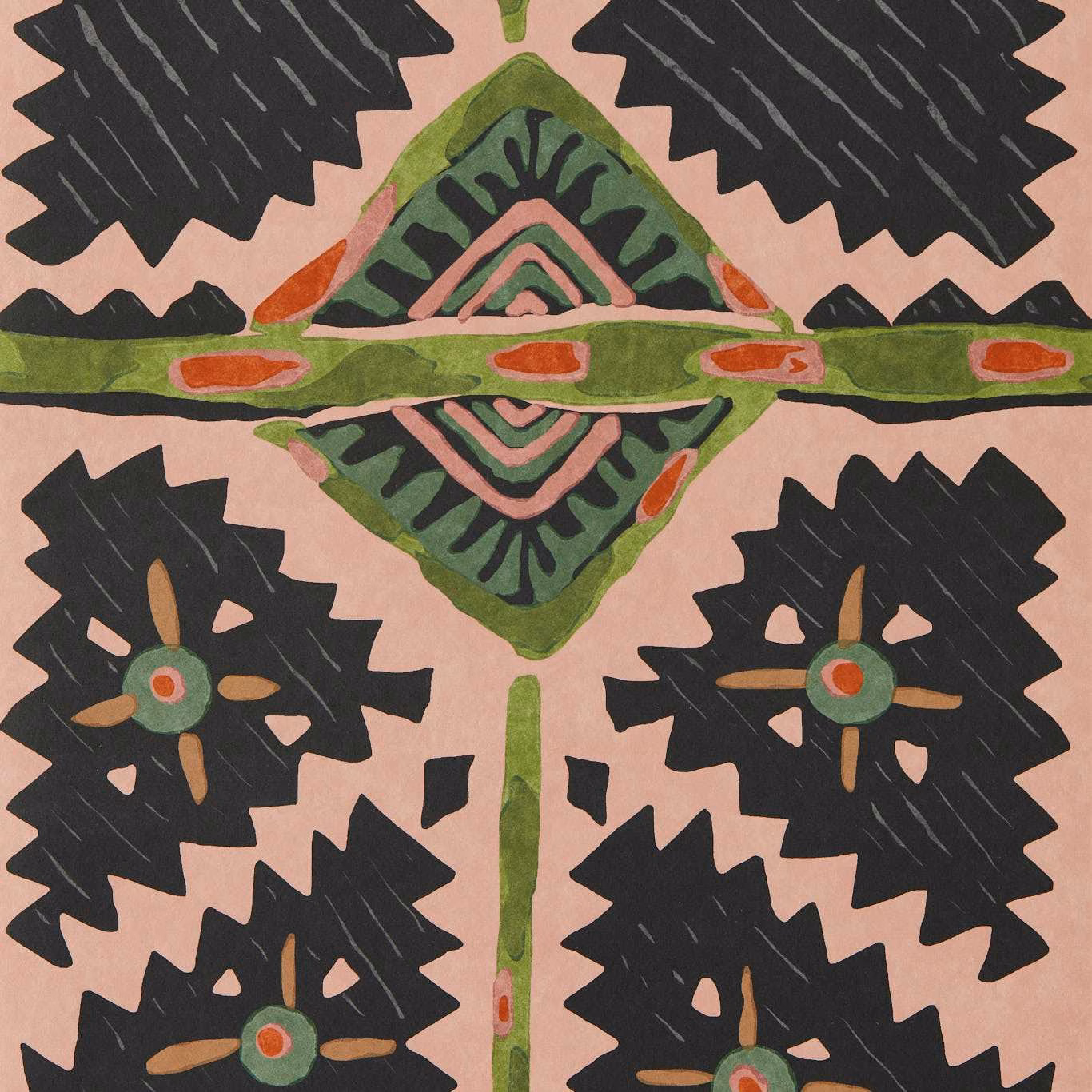 Blush wallpaper with charcoal leaf forms, olive geometry and terracotta accents