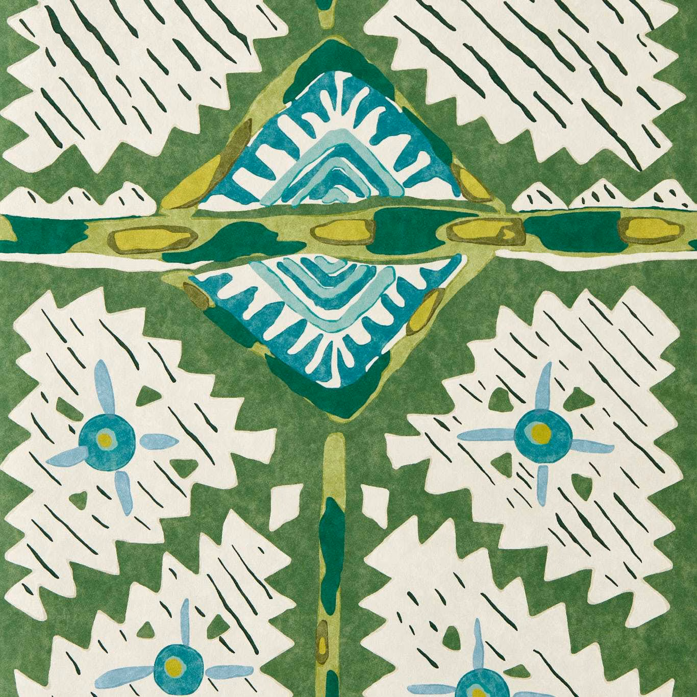 Forest green wallpaper with ivory leaf forms, teal diamonds and turquoise circular accents