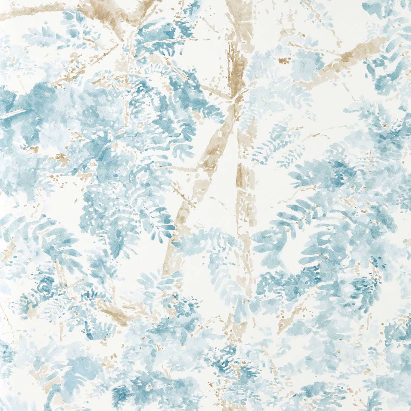 Pale aqua botanical wallpaper with fern-like foliage, cream ground and taupe branches