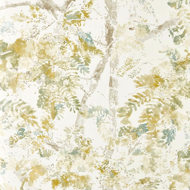 Cream botanical wallpaper with loose fern fronds, olive washes and pale teal accents
