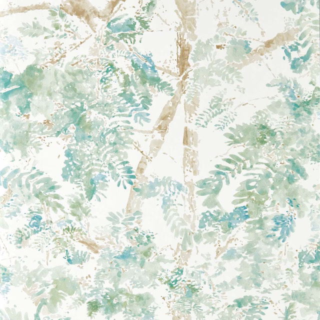 Pale mint and aqua foliage with beige branches on an airy white ground