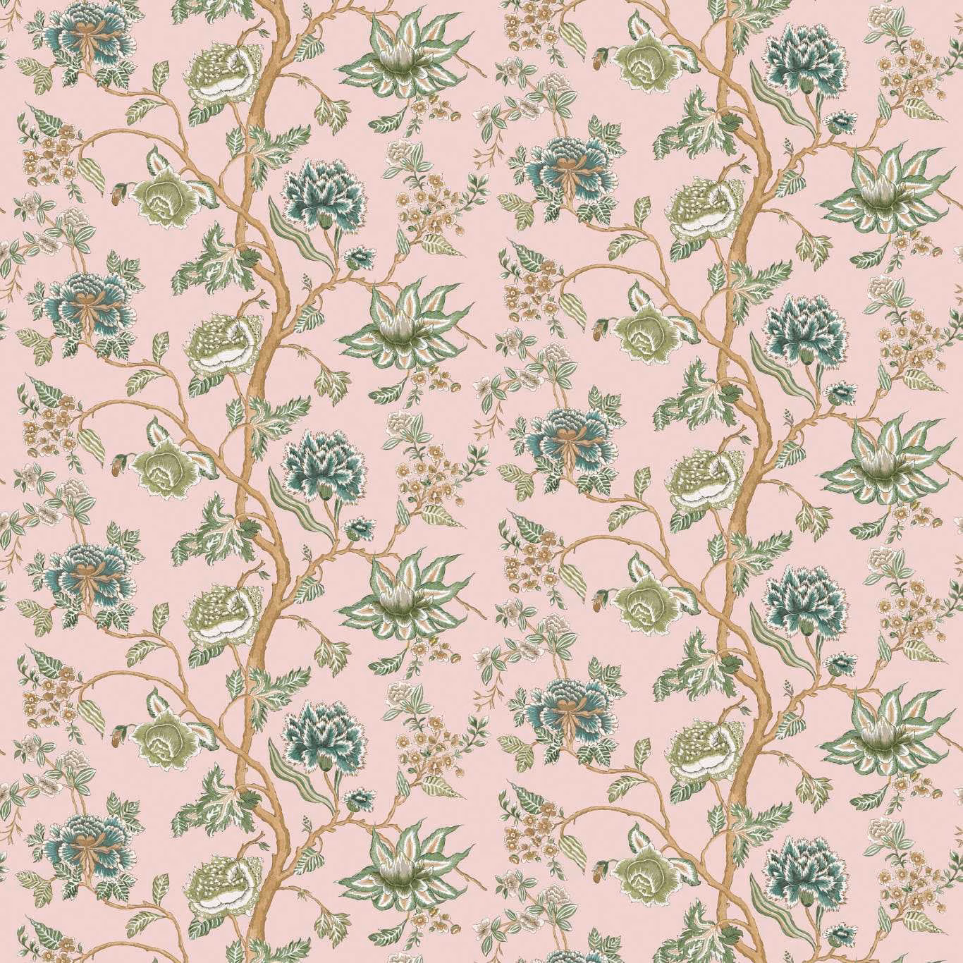 Blush-pink wallpaper with forest-green thistles, trailing branches and delicate botanical sprigs
