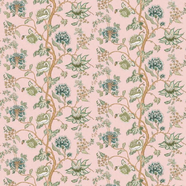 Blush-pink wallpaper with forest-green thistles, trailing branches and delicate botanical sprigs