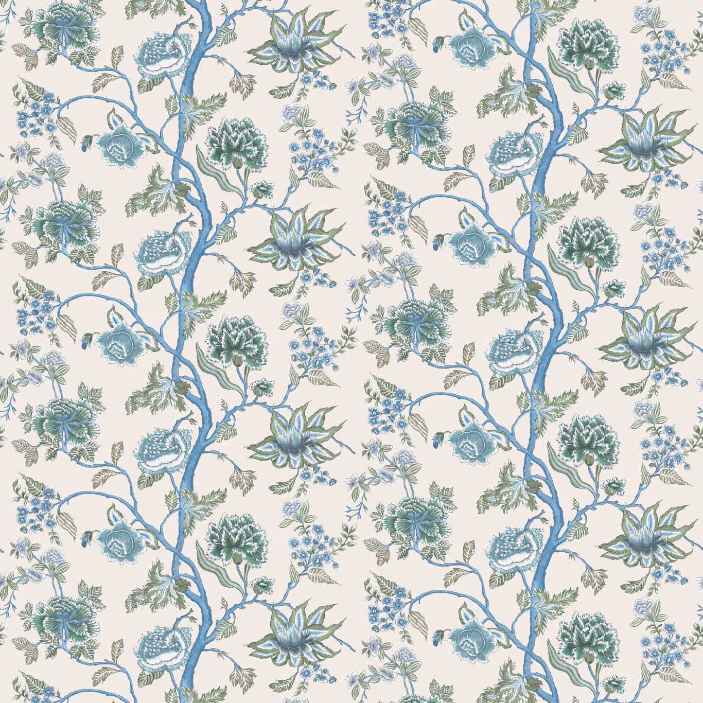 Cream wallpaper with cornflower-blue branches, pine foliage and layered botanical blooms