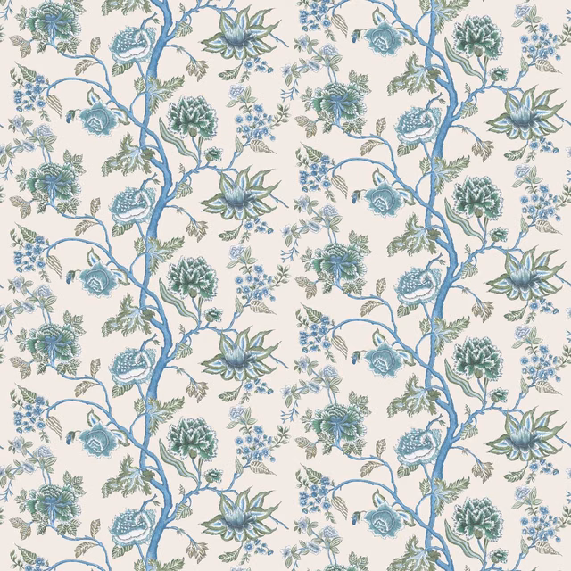 Cream wallpaper with cornflower-blue branches, pine foliage and layered botanical blooms